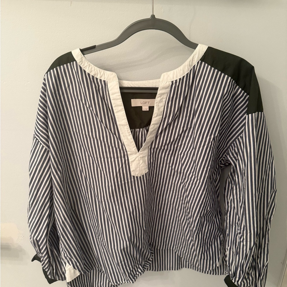 LOFT Navy and White Striped Blouse